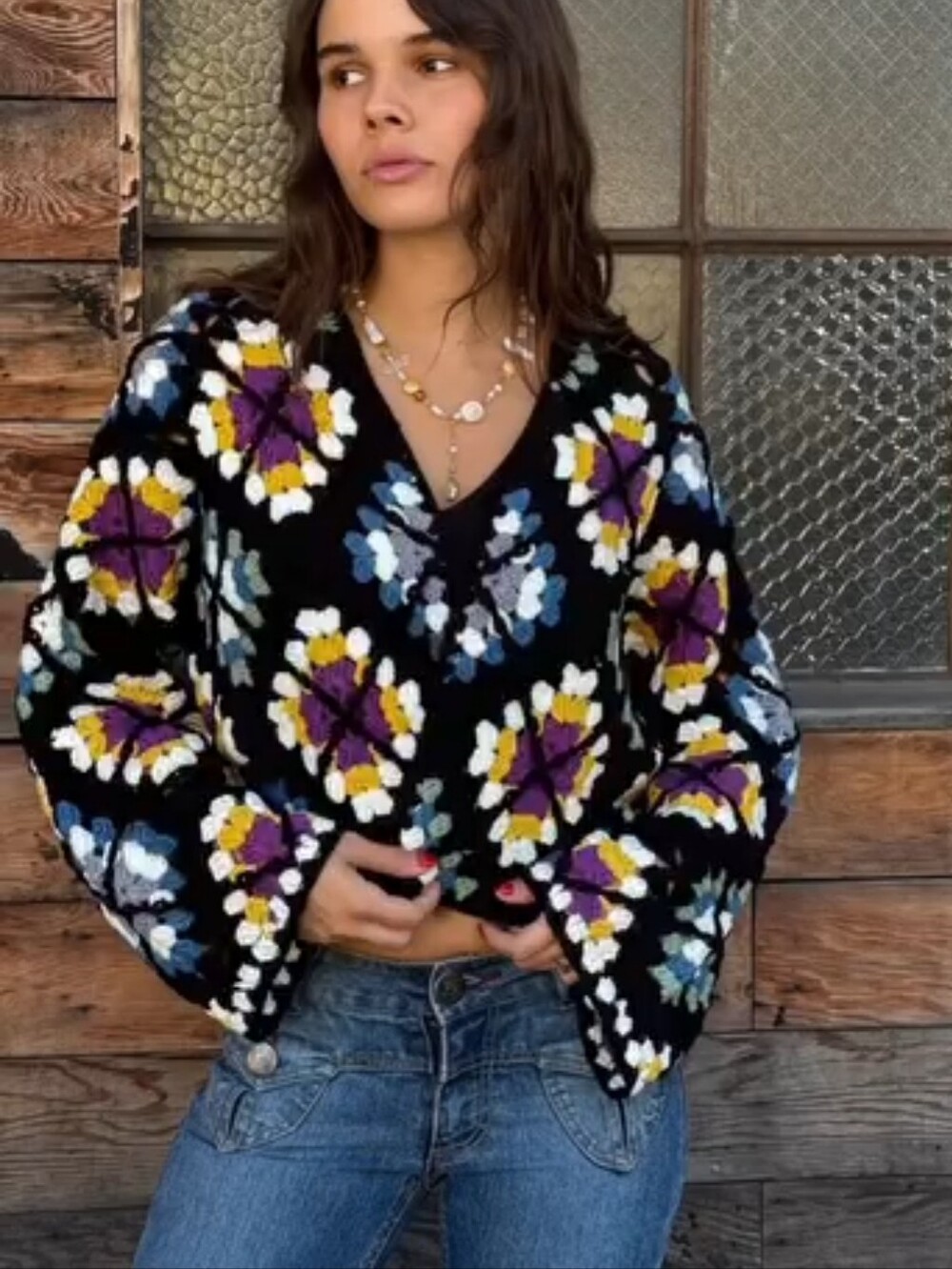Elan Granny Square Crochet Cardigan Black Multi Color Boho Patchwork Size Small
